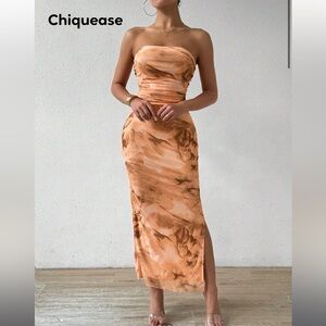 Sexy Floral Print Ruched Side Slit Bodycon Strapless Dress